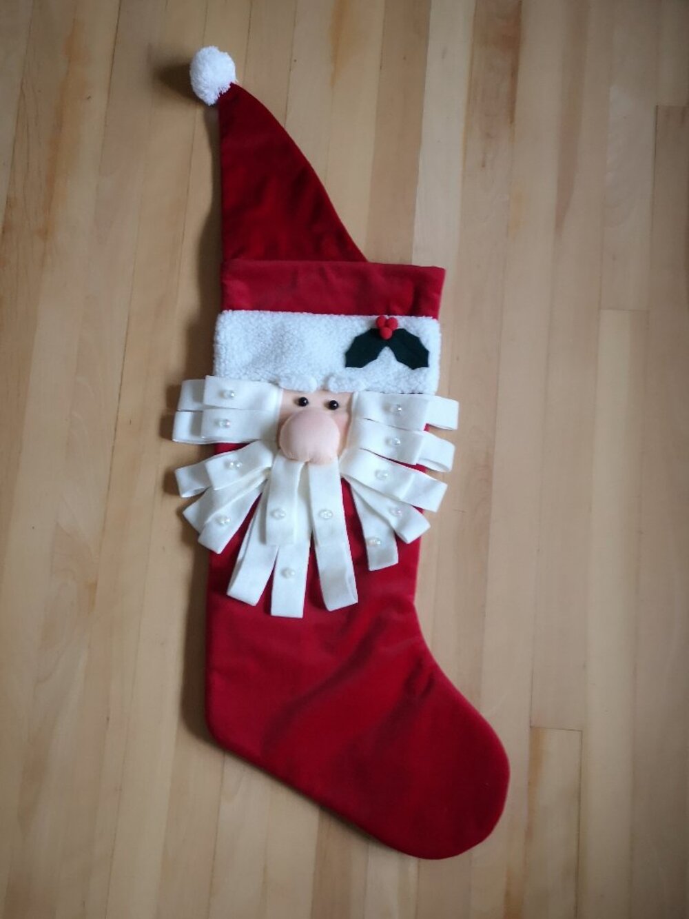 Large Christmas Stocking in Red Velvet w/ Santa Face & Textured Beard 27" Long
